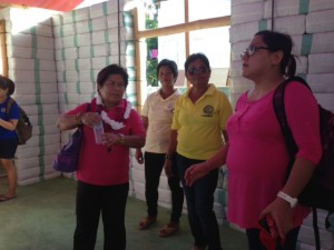 Sec. Dinky Soliman listens to the briefing of Ms. Elbi Cuneta of Tamayo Foundation on construction details of the ecohouse in Brgy. Lajala, Coron, Palawan.